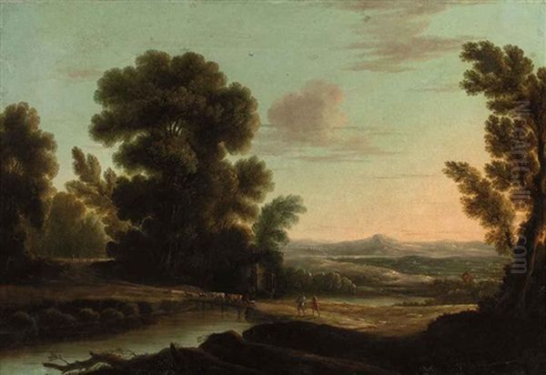 An Italianate River Landscape With Herdsmen With Their Cattle Crossing A Bridge Oil Painting by Claude Lorrain (Claude Gellee)