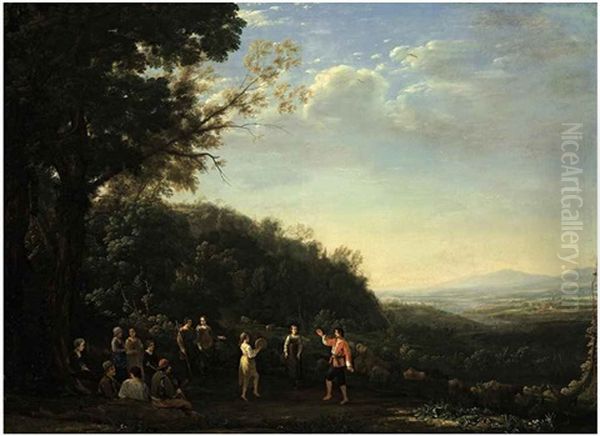 An Extensive Landscape With Shepherds And Shepherdesses Dancing Oil Painting by Claude Lorrain (Claude Gellee)