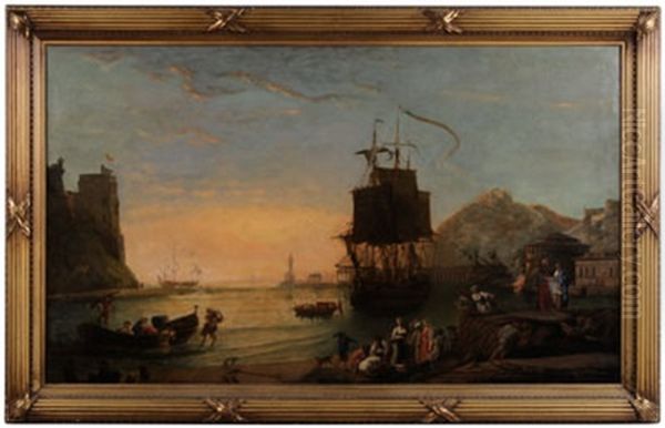 Italianate Harbor With Ship And Fisherman Oil Painting by Claude Lorrain (Claude Gellee)