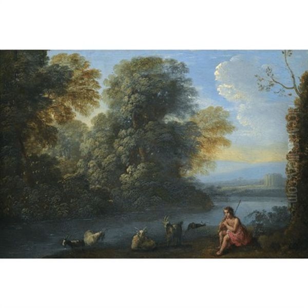 An Italianate Landscape With A Shepherd Boy Playing The Pipe While Watering His Flock At A River Oil Painting by Claude Lorrain (Claude Gellee)