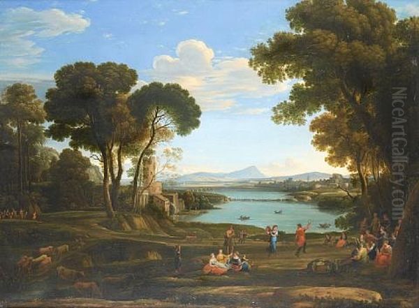 An Italianate Landscape With The Marriage Of Isaac And Rebecca (+ Egeria Mourning Over Numa Before An Italianate Landscape; Pair) Oil Painting by Claude Lorrain (Claude Gellee)