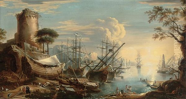 A Mediterranean Coastal Landscape With Shipping In A Harbor And Bathers On A Bank Oil Painting by Claude Lorrain (Claude Gellee)