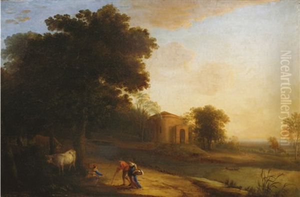 Paysage A La Riviere Avec Des Villageois En Chemin Et Un Patre Oil Painting by Claude Lorrain (Claude Gellee)