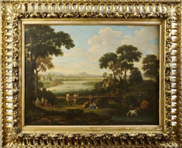 Figures Dancing In An Arcadian Landscape With Distant Castle And River Oil Painting by Claude Lorrain (Claude Gellee)