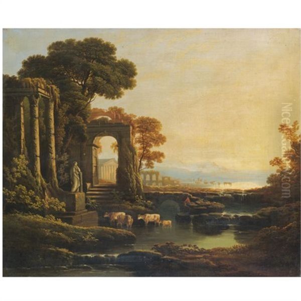 An Extensive River Landscape With Classical Ruins Oil Painting by Claude Lorrain (Claude Gellee)