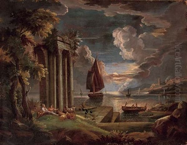 A Mediterranean Coastal Landscape At Twilight With Shepherdesses And Their Flock At Rest By Classical Ruins Oil Painting by Claude Lorrain (Claude Gellee)