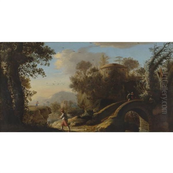 An Italianate Landscape With Figures; A Footbridge And Classical Ruins Beyond Oil Painting by Claude Lorrain (Claude Gellee)