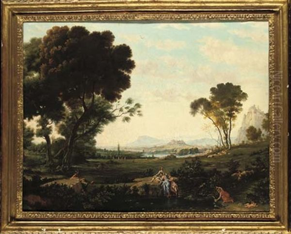 An Extensive Italianate Landscape With Classical Figures Bathing, Classical Ruins Beyond Oil Painting by Claude Lorrain (Claude Gellee)