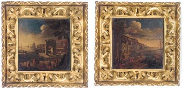 A Mediterranean Port With With Elegant Company Conversing (+ A Mediterranean Port With Merchants; Pair) Oil Painting by Claude Lorrain (Claude Gellee)