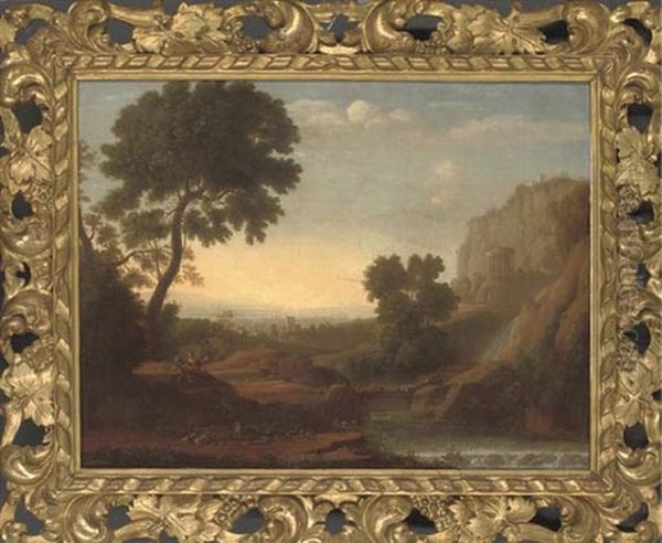 An Italianate River Landscape With Figures Resting Under A Tree And A Shepherd And His Flock Beyond Oil Painting by Claude Lorrain (Claude Gellee)