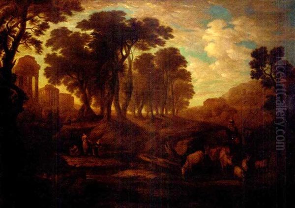 An Extensive Wooded Landscape With Figures And Cattle On A Track, Classical Ruins Beyond Oil Painting by Claude Lorrain (Claude Gellee)