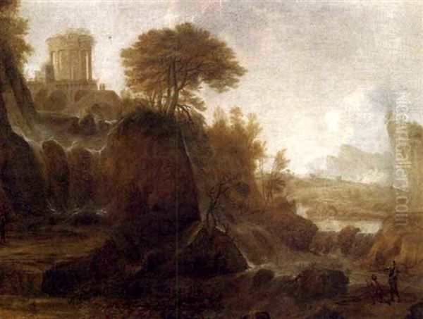 Figures By A Waterfall In A Classical Landscape Oil Painting by Claude Lorrain (Claude Gellee)