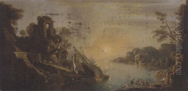 A Capriccio Of A Mediterranean Coastal Inlet With Shipping And Fishermen Pulling In The Catch Oil Painting by Claude Lorrain (Claude Gellee)