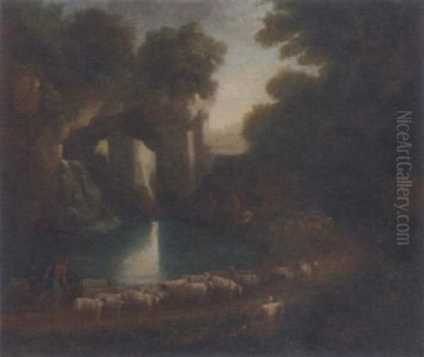 A Wooded Clearing With A Shepherd And His Flock And Anglers By A Waterfall Beneath Classical Ruins Oil Painting by Claude Lorrain (Claude Gellee)