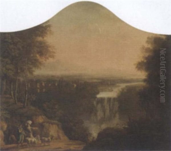 An Extensive River Landscape With A Shepherd And His Flock By A Waterfall Oil Painting by Claude Lorrain (Claude Gellee)
