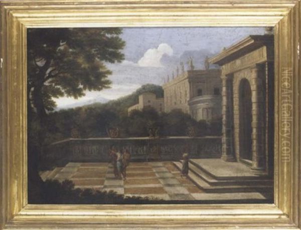 Figures On A Terrace Before A Gateway, A Palace Beyond Oil Painting by Claude Lorrain (Claude Gellee)