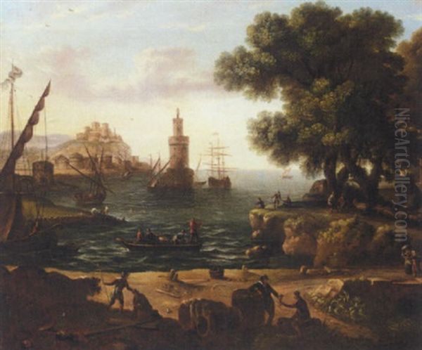 A Mediterranean Harbour Scene Oil Painting by Claude Lorrain (Claude Gellee)