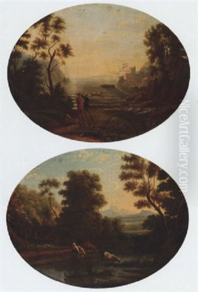 A Mediterranean Inlet With Shipping By A Fort, Figures In The Foreground Oil Painting by Claude Lorrain (Claude Gellee)