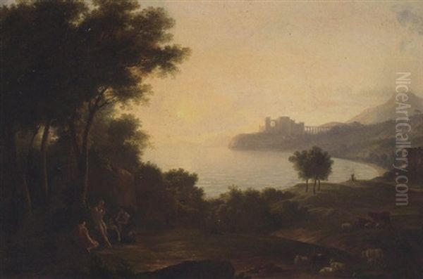 A Mediterranean Coastal Inlet With Classical Figures Playing Music, A Fortress In The Distance Oil Painting by Claude Lorrain (Claude Gellee)