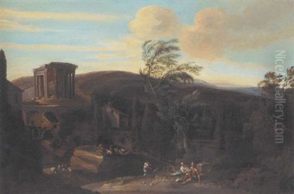 A Capriccio View Of Tivoli With Classical Ruins, Herdsman And Their Flock Oil Painting by Claude Lorrain (Claude Gellee)