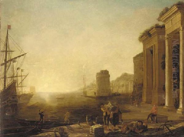 A Coastal Inlet With Moored Shipping And Stevedores On A Quay Oil Painting by Claude Lorrain (Claude Gellee)