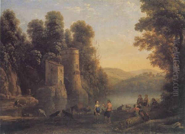 Pastoral River Landscape With Figures By A Mill Oil Painting by Claude Lorrain (Claude Gellee)