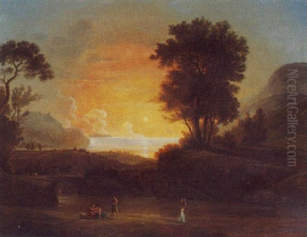 Landschaft Mit Ein Paar Figuren Bei Sonnenuntergang Am Meer Oil Painting by Claude Lorrain (Claude Gellee)