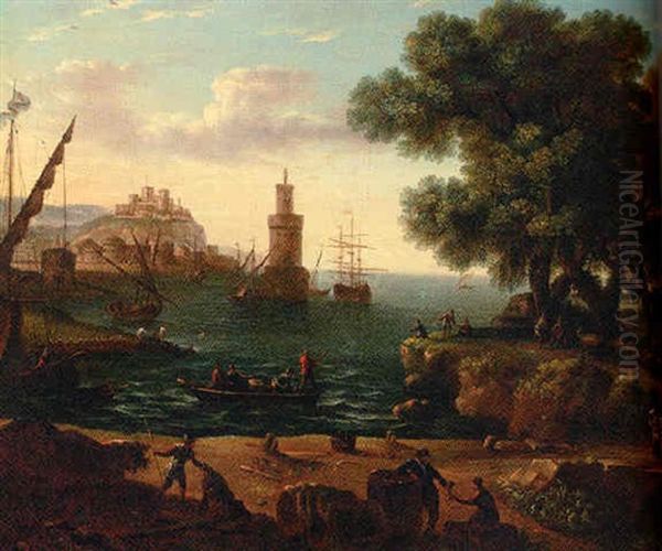 A Coastal Inlet With Moored Shipping And Stevedores On A Bank Oil Painting by Claude Lorrain (Claude Gellee)