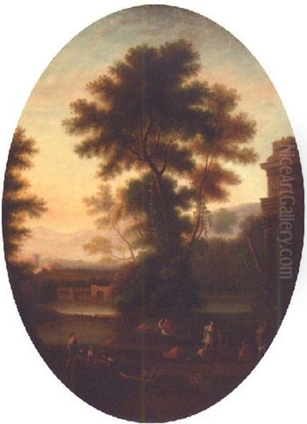 An Extensive Classical River Landscape With Figures Before Ruins Oil Painting by Claude Lorrain (Claude Gellee)