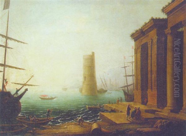 A Capriccio Of A Mediterranean Harbour At Sunset Oil Painting by Claude Lorrain (Claude Gellee)