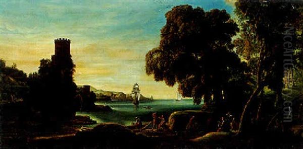 Folkeliv Ved Kysten, De Rejsende Ser Efter Et Bortsejlende Skib Oil Painting by Claude Lorrain (Claude Gellee)