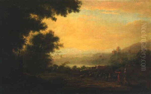 An Italianate River Landscape At Dawn With Shepherds And Their Herds Oil Painting by Claude Lorrain (Claude Gellee)