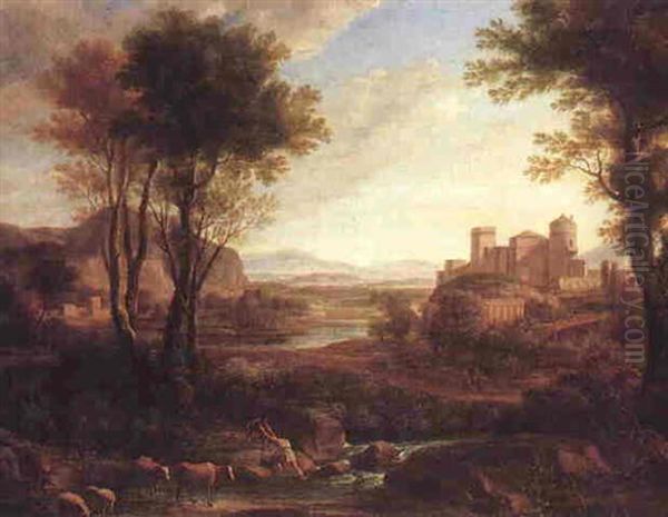Landscape With Figures Crossing A Stream Beside Cattle And Sheep, A Citadel Beyond Oil Painting by Claude Lorrain (Claude Gellee)