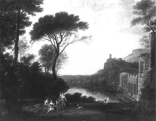 Elegant Figures In A Classical Landscape Oil Painting by Claude Lorrain (Claude Gellee)