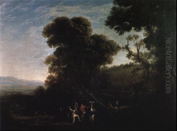 Wooded Landscape With Peasants Fording A Stream Oil Painting by Claude Lorrain (Claude Gellee)
