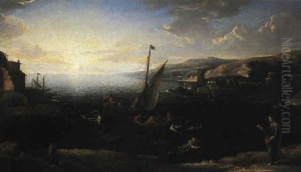 La Peche Miraculeuse Et Saint Pierre Marchant Sur L'eau Oil Painting by Claude Lorrain (Claude Gellee)