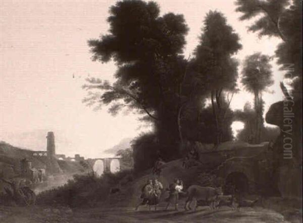 Arcadian Landscape With Drovers And Figures Fighting On A   Bridge Oil Painting by Claude Lorrain (Claude Gellee)