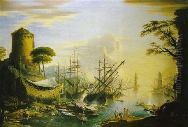 A Classical Mediterranean Port Oil Painting by Claude Lorrain (Claude Gellee)