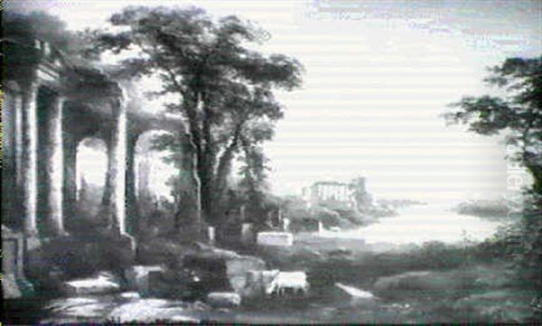 An Arcadian Landscape With Cattle Watering Amongst          Classical Ruins Oil Painting by Claude Lorrain (Claude Gellee)