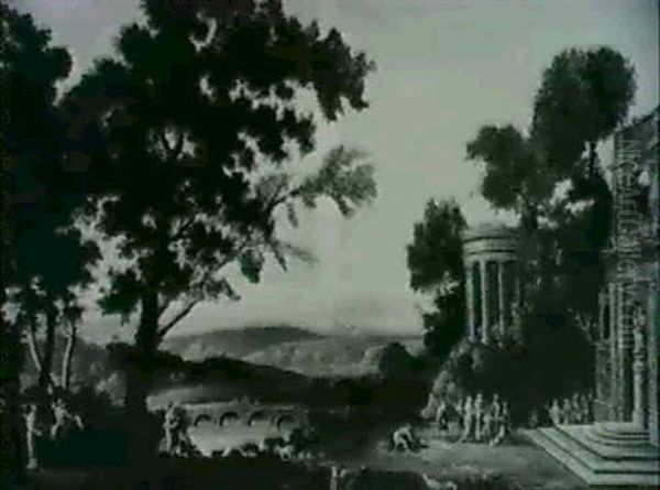 Classical Landscape With Figures Offering A Sacrifice Before A Temple Oil Painting by Claude Lorrain (Claude Gellee)