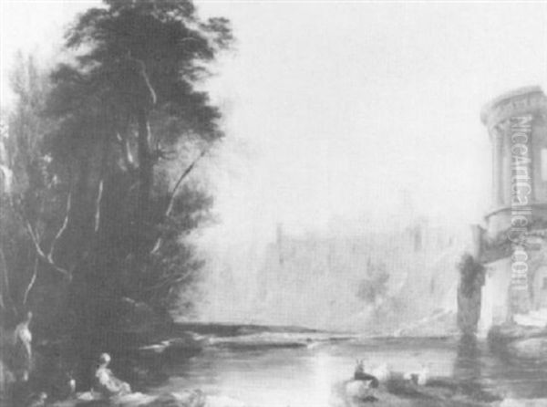 Figures By Goats In A Ruinous                               Classical River Landscape Oil Painting by Claude Lorrain (Claude Gellee)