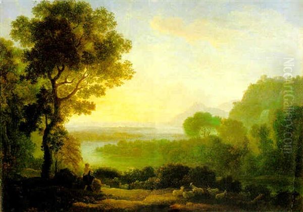 Landschaft Mit Einem Auf Einer Schalmei Blasenden Hirtenknaben Bei Sonnenaufgang Oil Painting by Claude Lorrain (Claude Gellee)