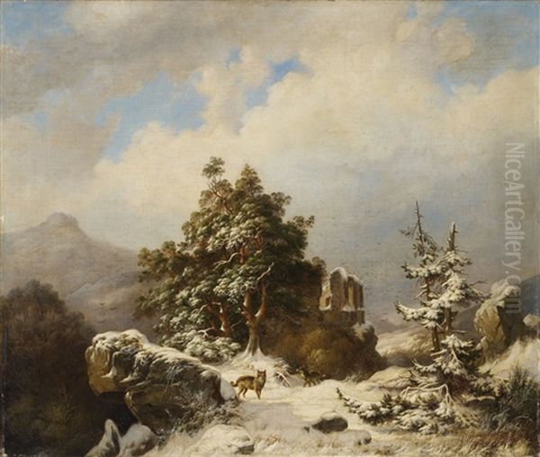 Winterlandschaft Mit Ruine Und Wolfen Oil Painting by Henry Lot