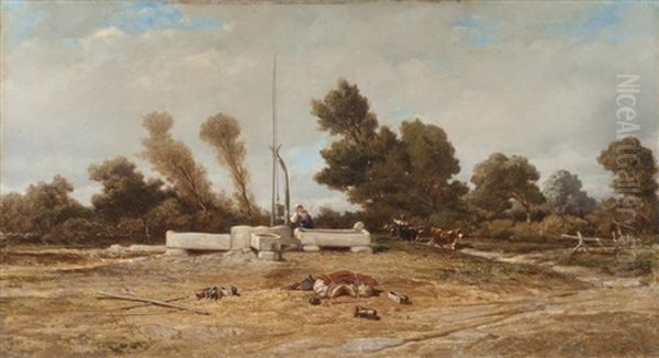 Attelage Et Femme Au Puits Oil Painting by Emile Loubon