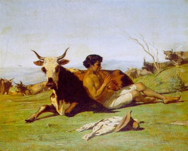 Le Patre Pres D'un Troupeau Oil Painting by Emile Loubon