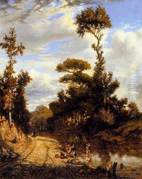Fishing In Wooded River Landscape Oil Painting by Emile Loubon