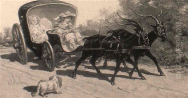 L'attelage De Chevres Oil Painting by Emile Loubon