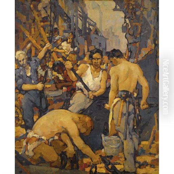 Construction Workers Oil Painting by Walt S. Louderback