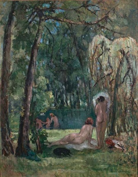 Baigneuses En Sous-bois Oil Painting by Jeanne Lourier
