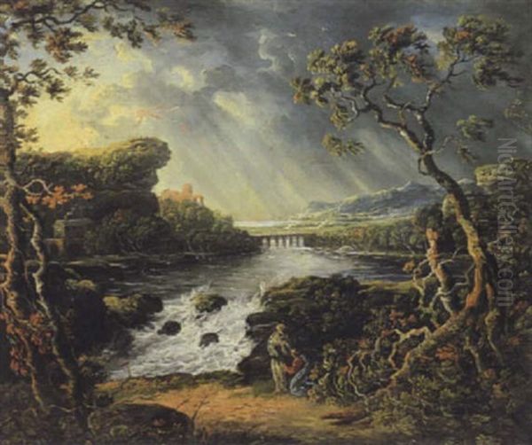 Fluslandschaft Mit Einer Burgruine, Einer Steinernen Bogenbrucke Und Figuren Oil Painting by Philipp Jakob Loutherbourg the Elder